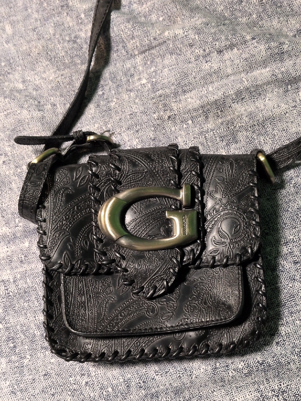 Guess Black Embossed Leather Crossbody with 'G' Buckle and Braided Trim